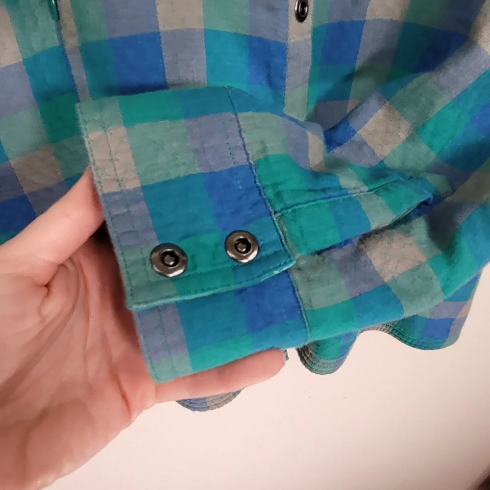 XL Prana Plaid Shacket 100% Organic Cotton Waffle Knit Lining Teal Green & Blue - Picture 16 of 16